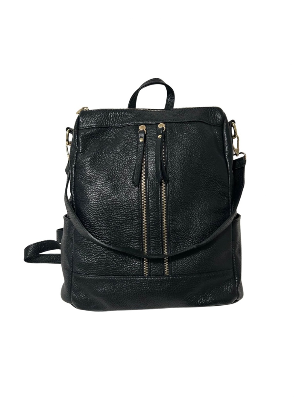 Borse In Pelle - Black Italian Leather Backpack Purse with Gold Zippers